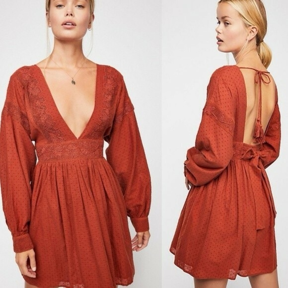 Free People Sugarpie Cinnamon Swiss Dot Lacey Open Back Cotton Mini Dress Size S - Picture 3 of 13